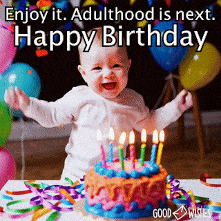 Baby doing a tiny victory dance beside a birthday cake gif