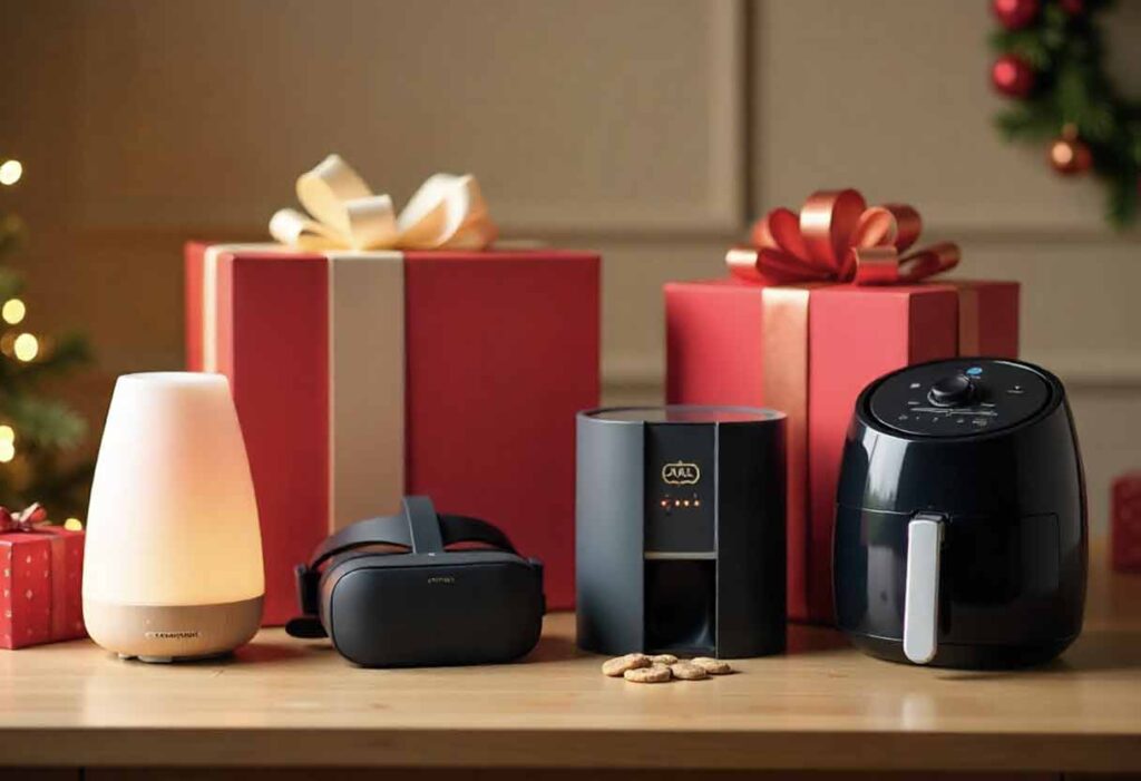 A table with Christmas gift items โ aromatherapy diffuser, VR headset, pet treat dispenser, gaming console, and air fryer โ with Christmas gift boxes in the background.