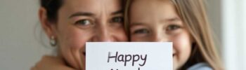A daughter hugging her mom with a handwritten card that says "Happy Mom's Day" in hand
