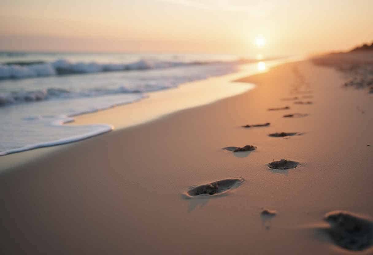 A serene beach at sunset with footprints in the sand, symbolizing calm and grounding.