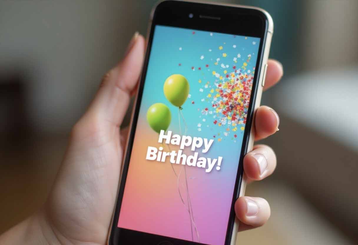 A phone screen showing a vibrant Instagram Story with animated balloons and a confetti explosion for a birthday.