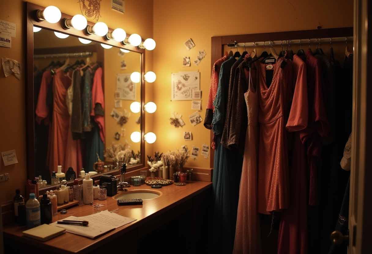 A backstage dressing room with glowing vanity lights and a costume rack full of colorful outfits.