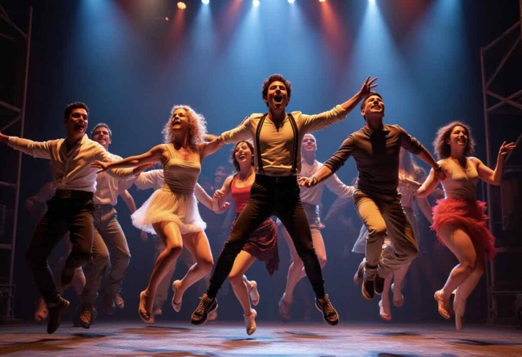 Cast members mid-jump during a musical number, in full costume with dramatic lighting.