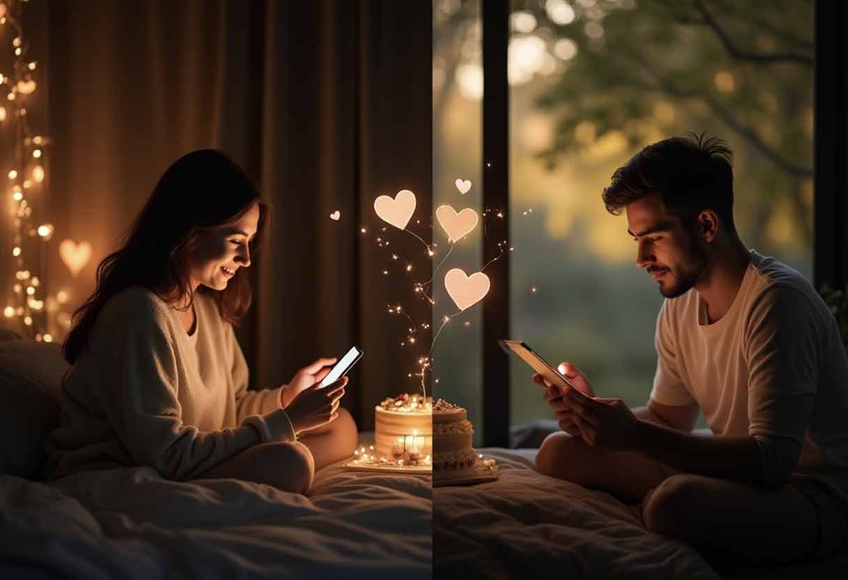 Split-screen of a long-distance couple celebrating their anniversary—one at night reading a message in a cozy room, the other in daylight holding a letter, connected by glowing hearts between them.