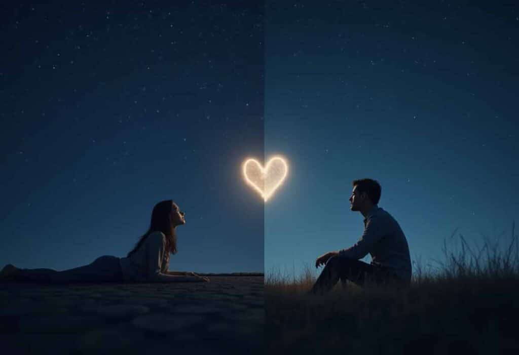Split-screen of a couple stargazing from afar, connected by a glowing heart in the night sky.