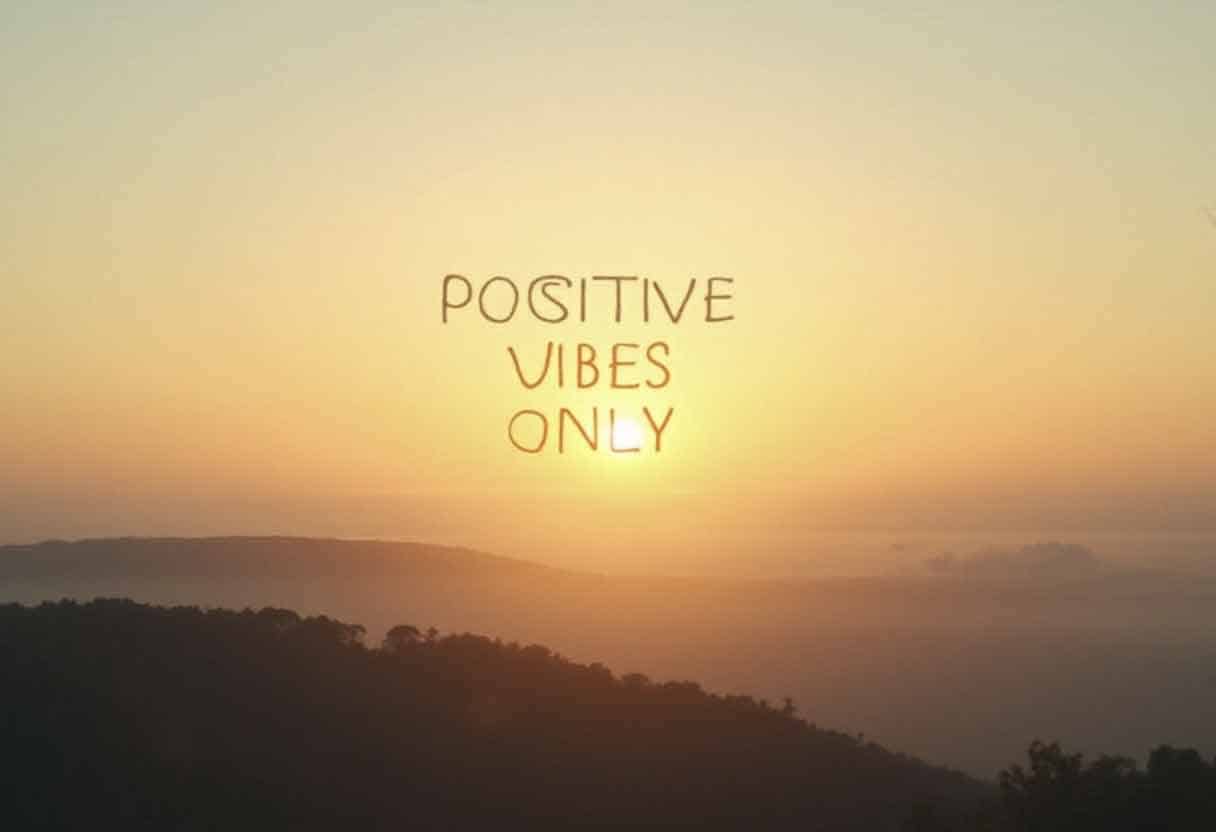 Peaceful sunrise with warm light and clouds, overlaid with the words “Positive Vibes Only” in soft, uplifting font.