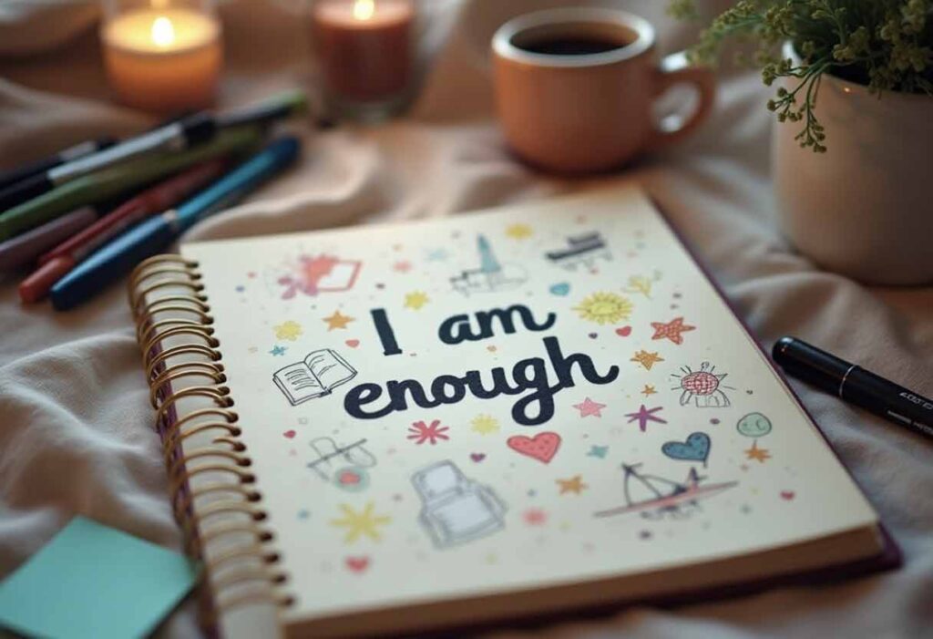 A journal open to a page with handwritten affirmations surrounded by doodles and symbols of goals.