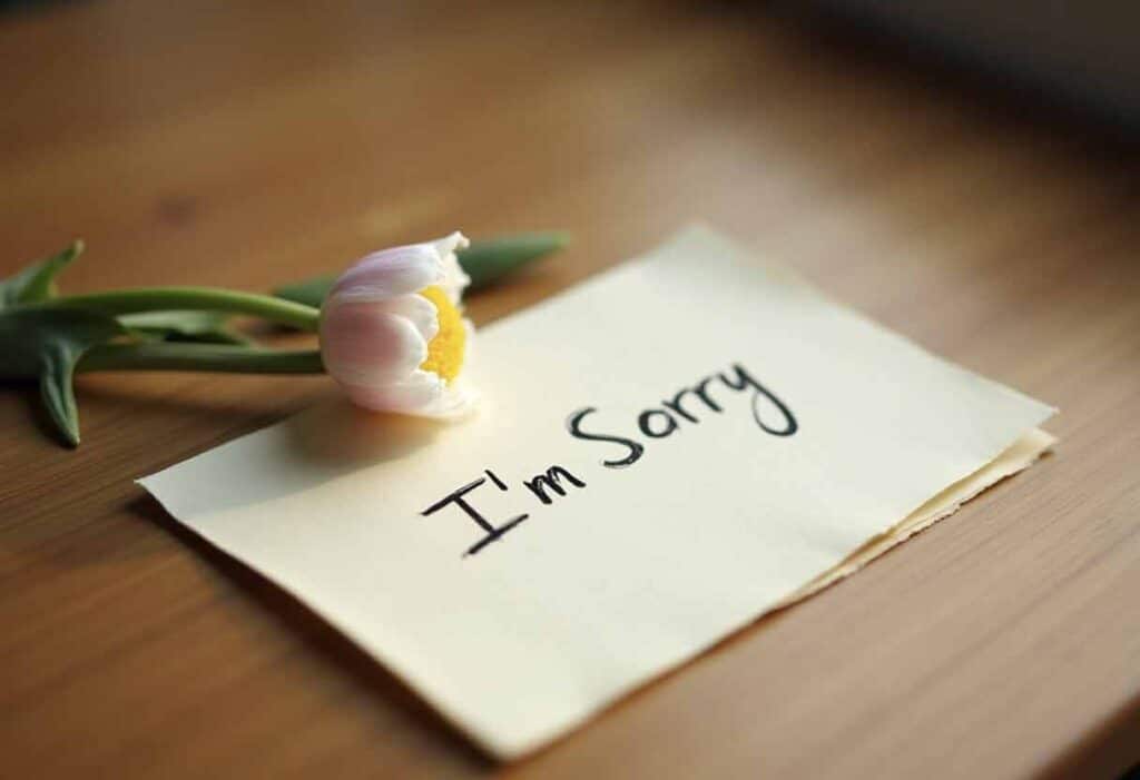 Handwritten “I’m Sorry” note with a flower beside it on a softly lit table.