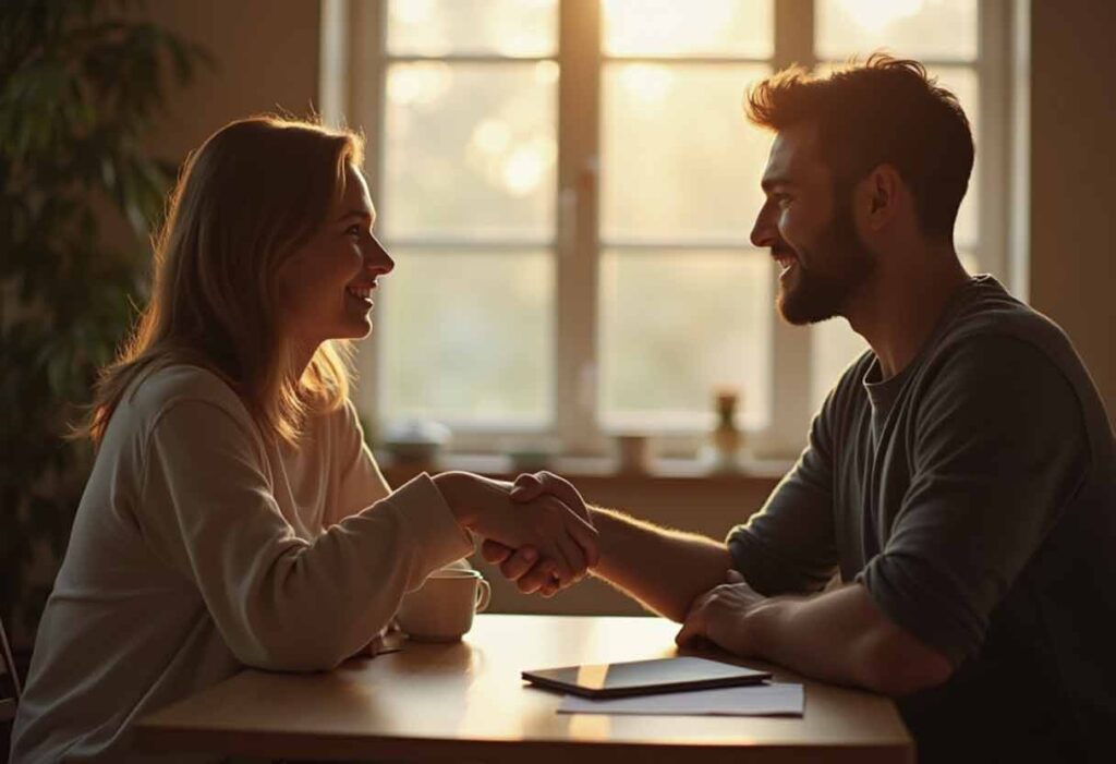 Two people sitting across a table, smiling and shaking hands after resolving a misunderstanding.
