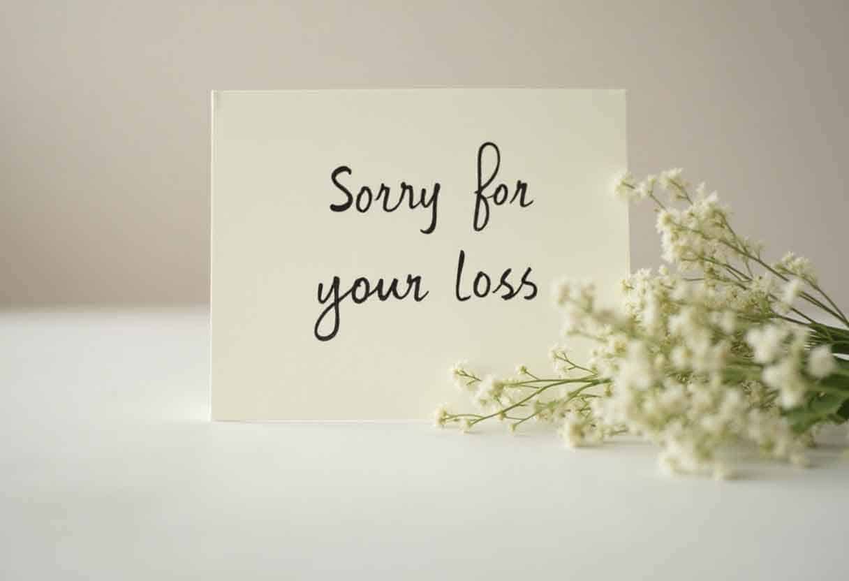A handwritten “Sorry for your loss” note beside fresh flowers, symbolizing sympathy and heartfelt comfort.