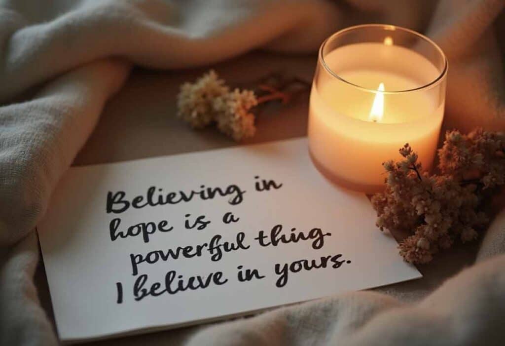 A handwritten sympathy note with the message “Believing in hope is a powerful thing. I believe in yours.” beside a glowing candle, creating a scene of warmth and quiet encouragement.