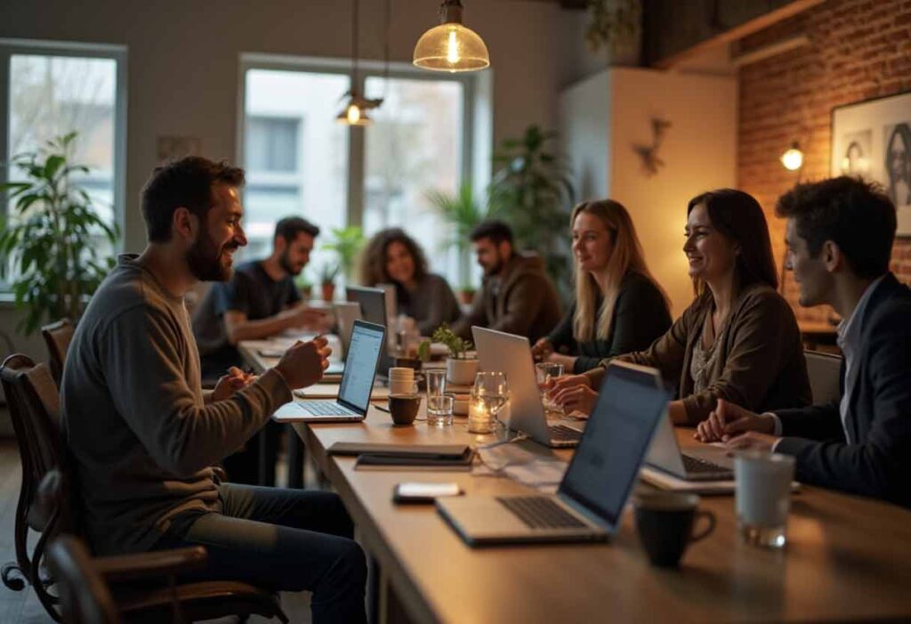 A cozy office setup with team members chatting over coffee.
