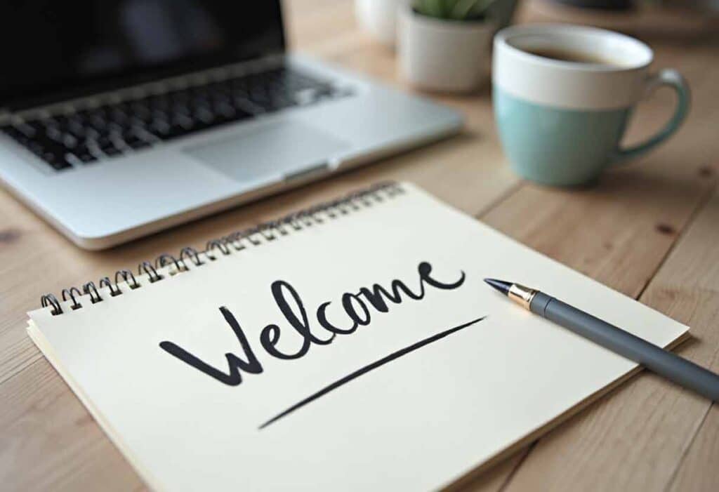 A handwritten welcome note placed on a laptop with a coffee mug beside it