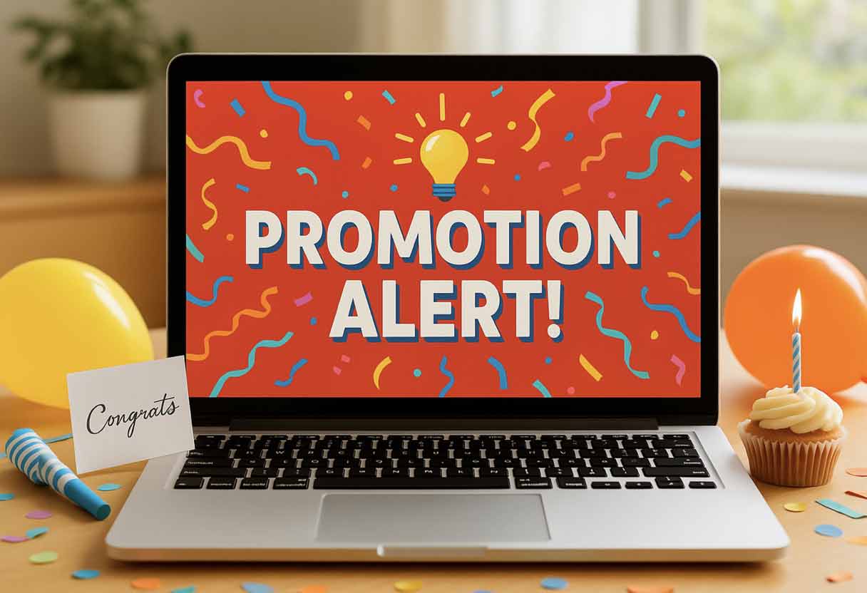 A laptop screen displaying “Promotion Alert!” with congratulatory decorations.
