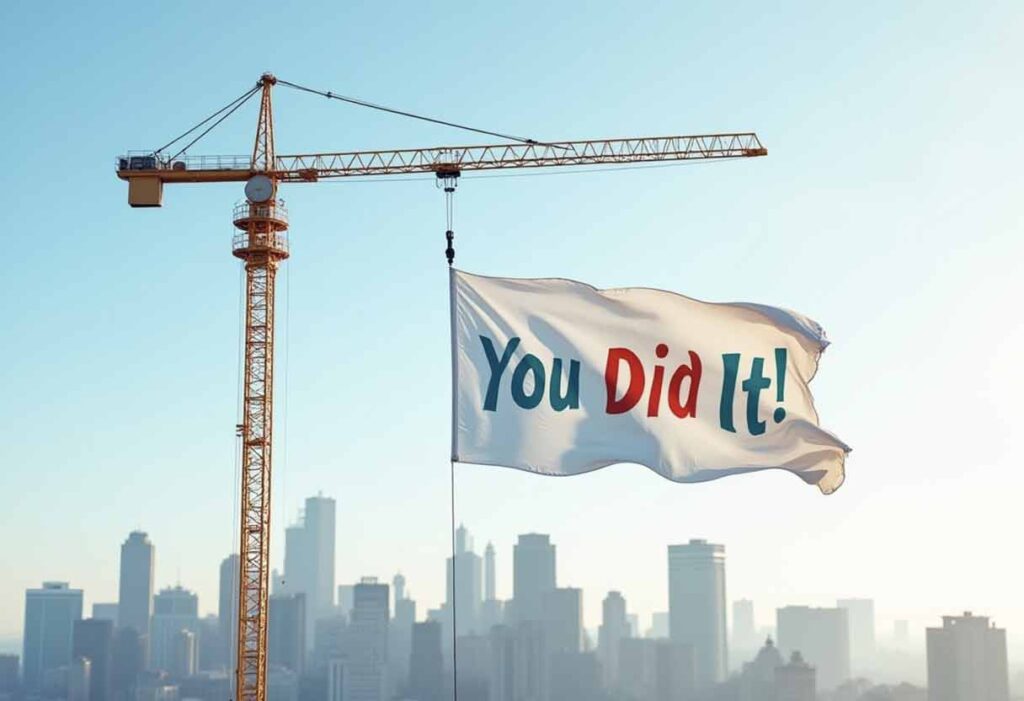A crane lifting a congratulatory banner