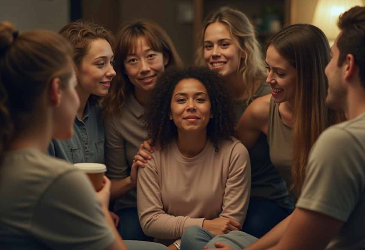 Group of smiling friends comforting a sad friend, offering support through gentle gestures and warmth.