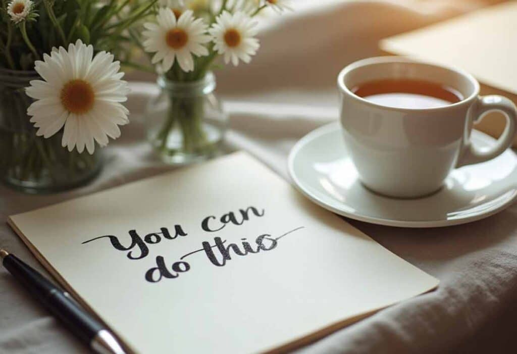 Handwritten note on a desk that says “You can do this,” beside a cup of tea and fresh flowers.