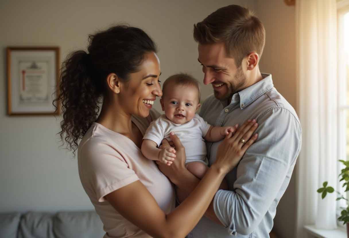 New adoptive parents holding a baby with a framed adoption certificate in the background