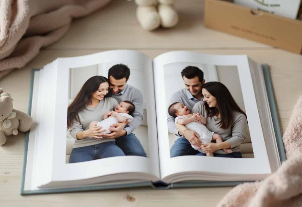 An open baby memory book featuring photos of a newly adopted infant held lovingly by smiling adoptive parents, surrounded by soft, heartfelt mementos.