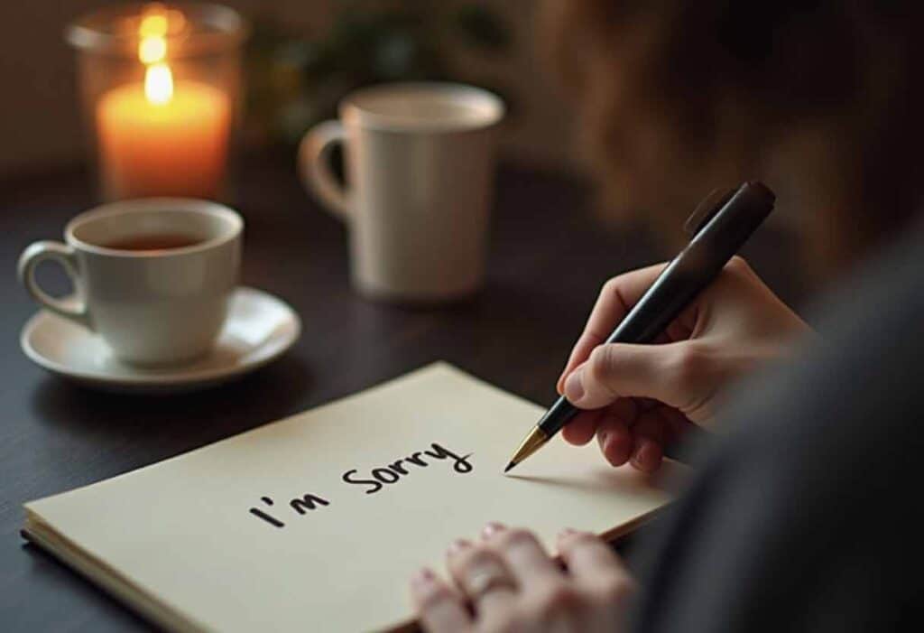 A person thoughtfully drafting an apology text on a notepad.