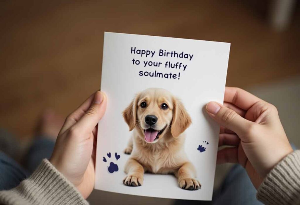 Hands holding a personalized pet birthday card with a dog photo and the message “Happy Birthday to your fluffy soulmate!”