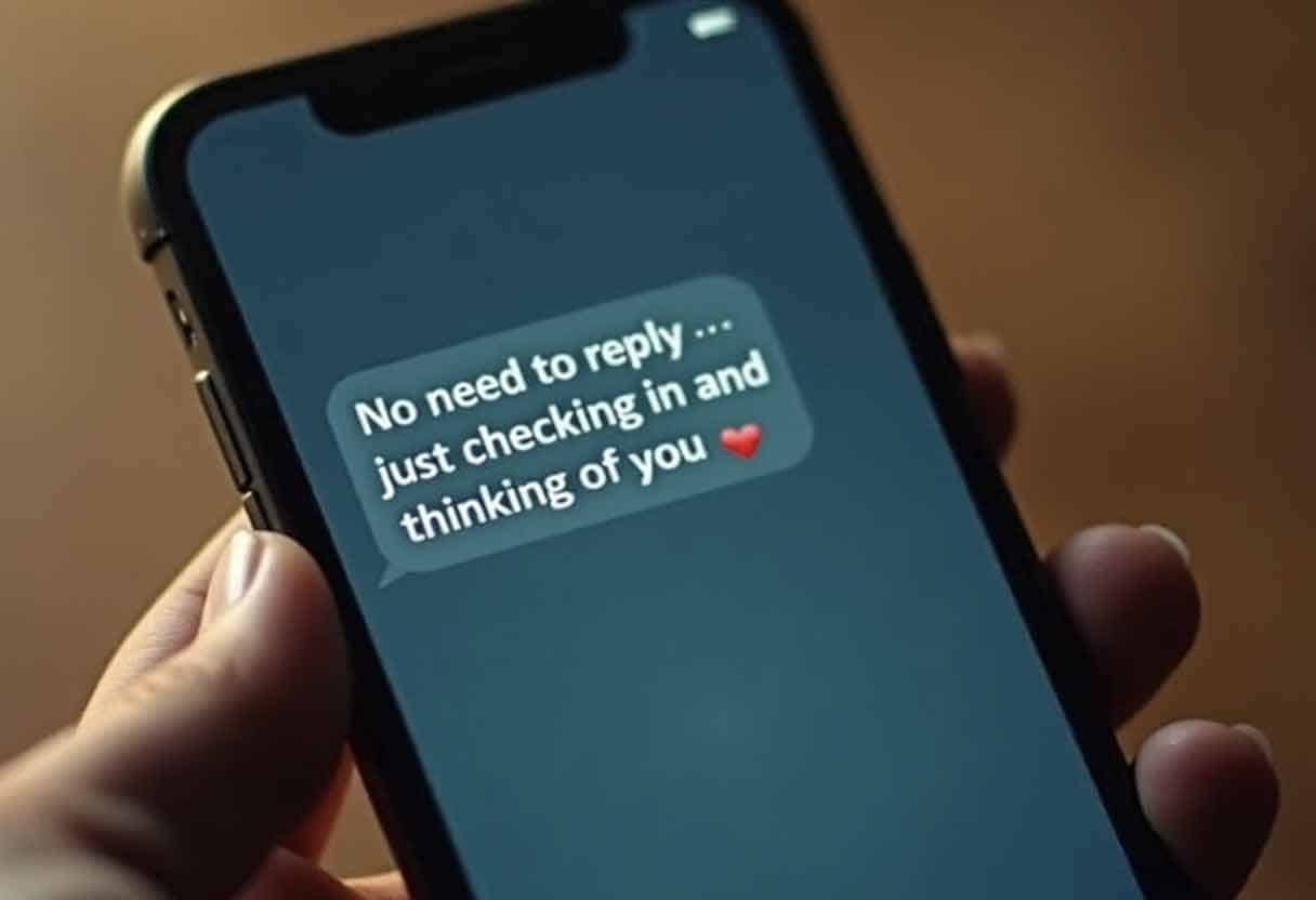 Phone screen showing message: “No need to reply — just checking in and thinking of you 💛.”