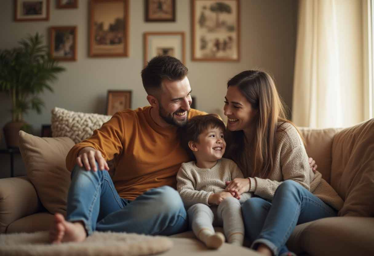 Foster parents and child smiling together in a cozy living room, symbolizing family and belonging.