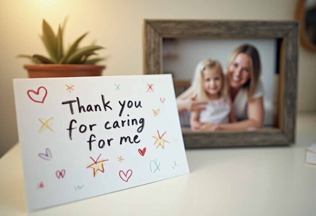 A handwritten thank-you card with hearts and stars next to a framed photo of a smiling foster child and parent.