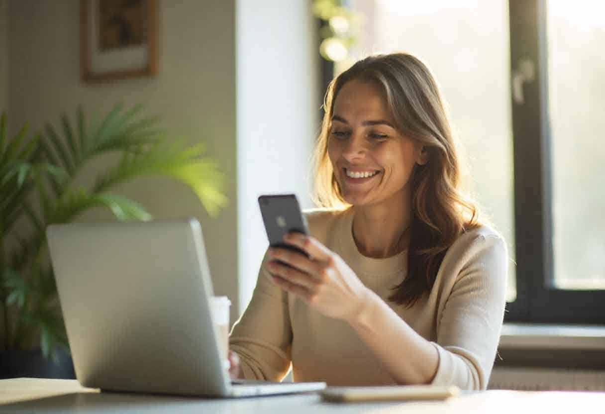 Person smiling at their phone in a sunlit office, holding coffee.