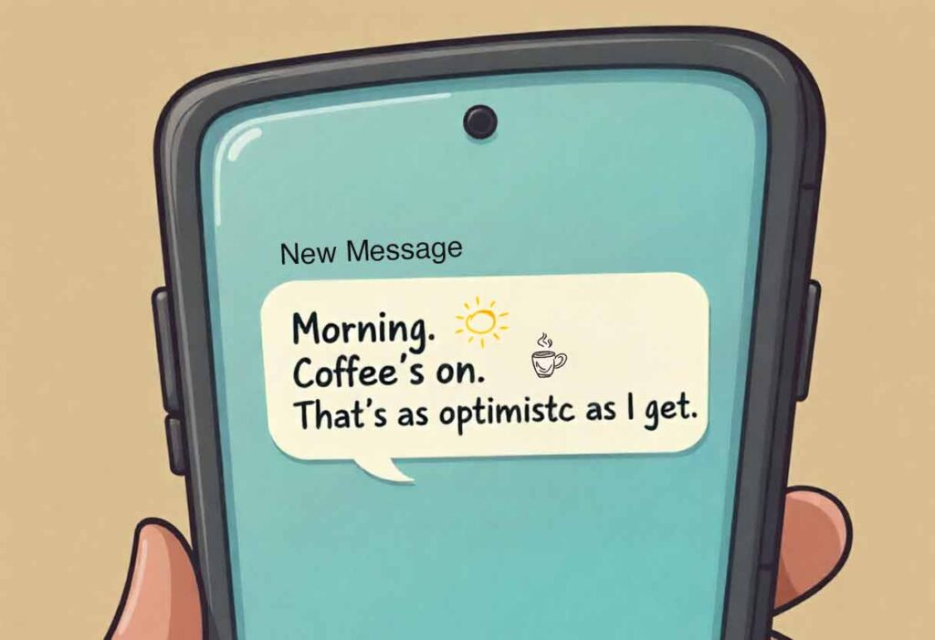 Cartoon phone lock screen with a message saying “Morning. Coffee’s on. That’s as optimistic as I get.”