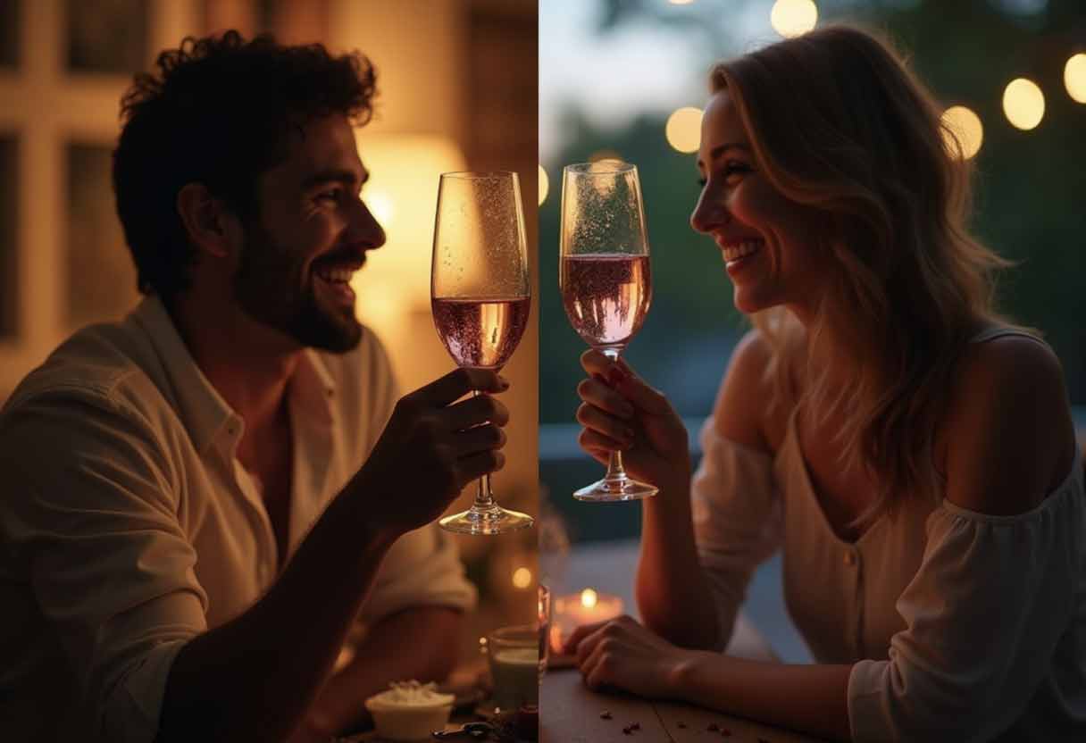 A split-screen image of two lovers toasting with wine glasses in different settings, symbolizing celebration and connection.