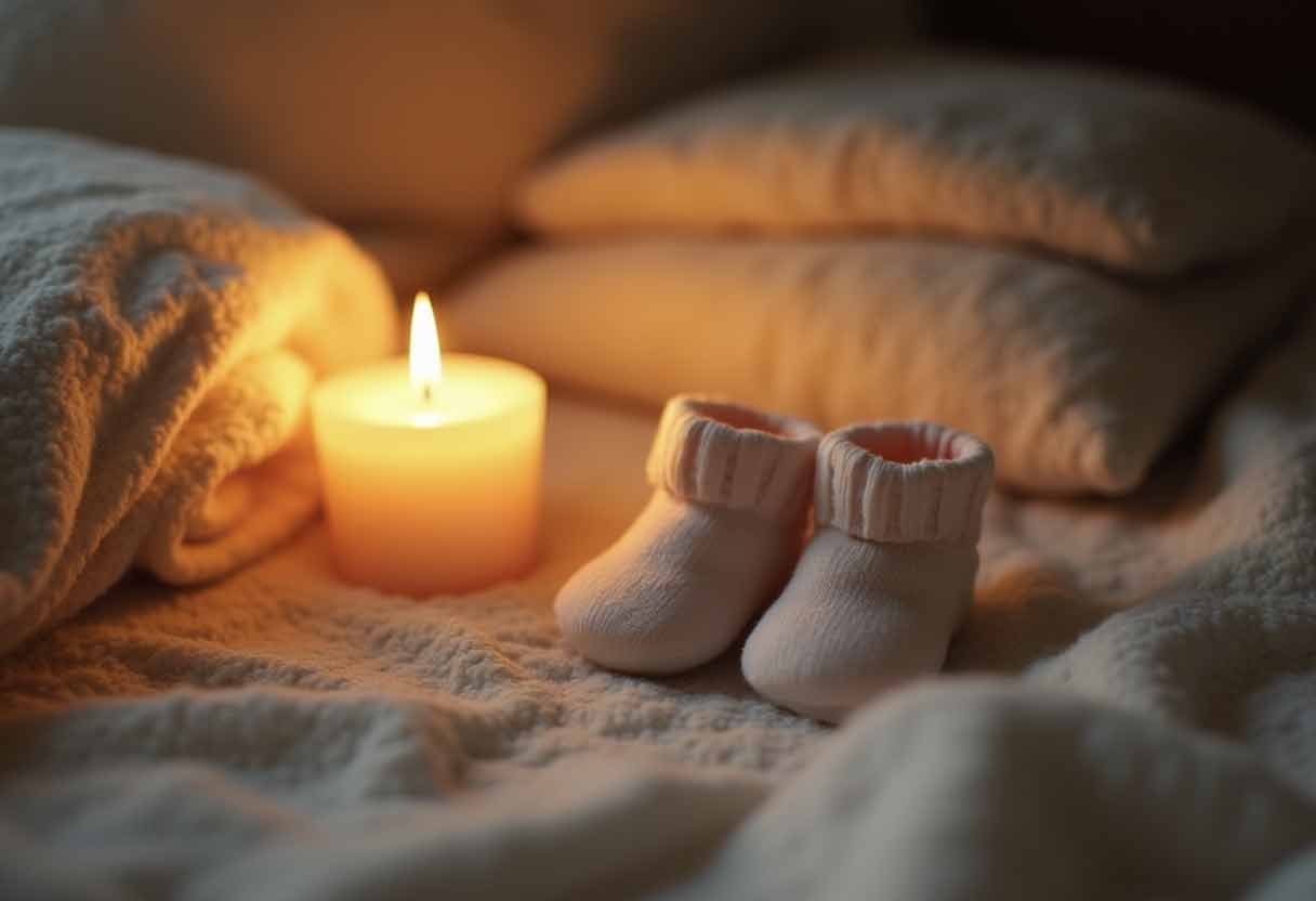 Candle next to folded blanket and tiny unworn baby socks.