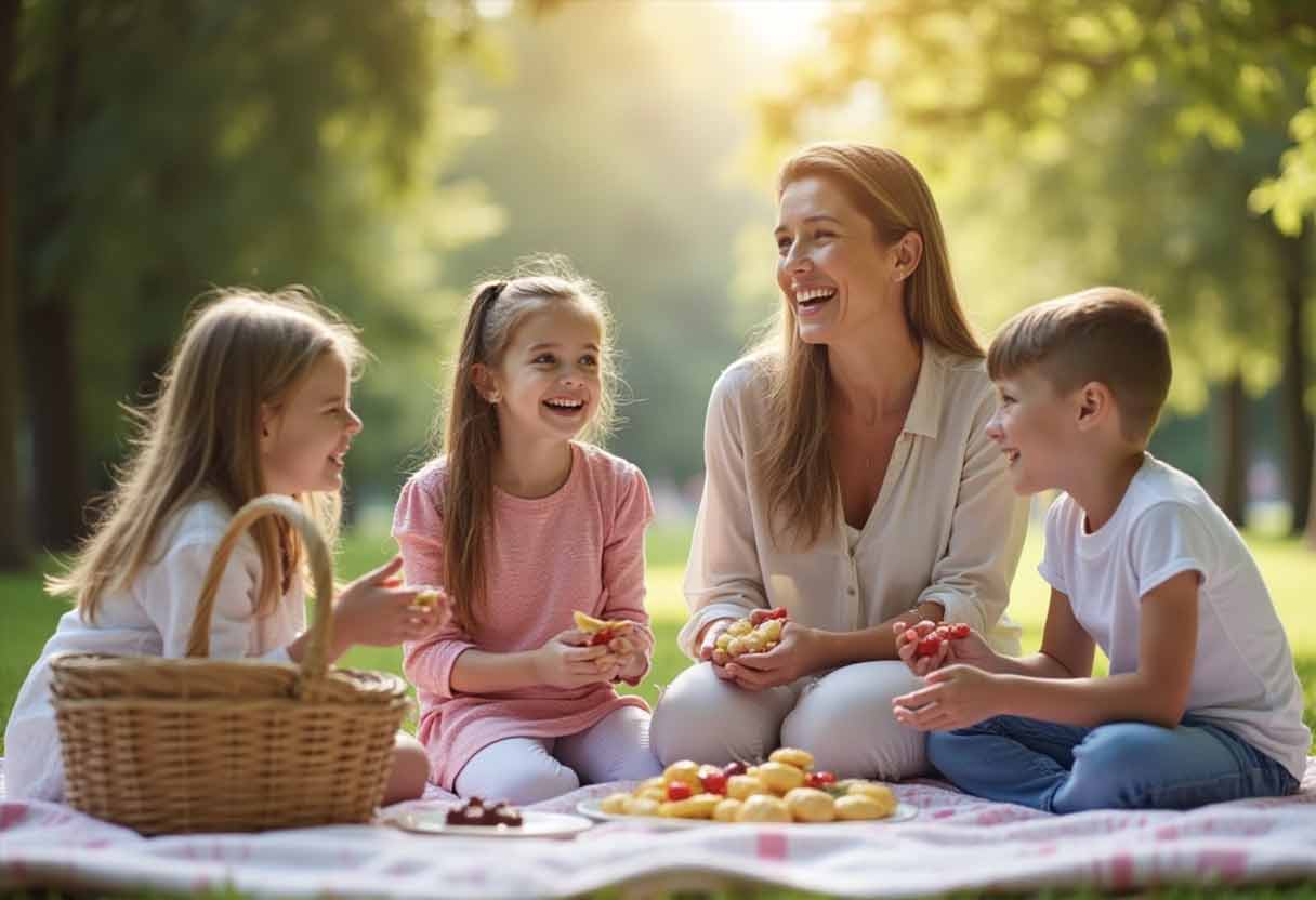 A smiling stepmother having a picnic with her stepchildren, all laughing and enjoying snacks in a sunny park.
