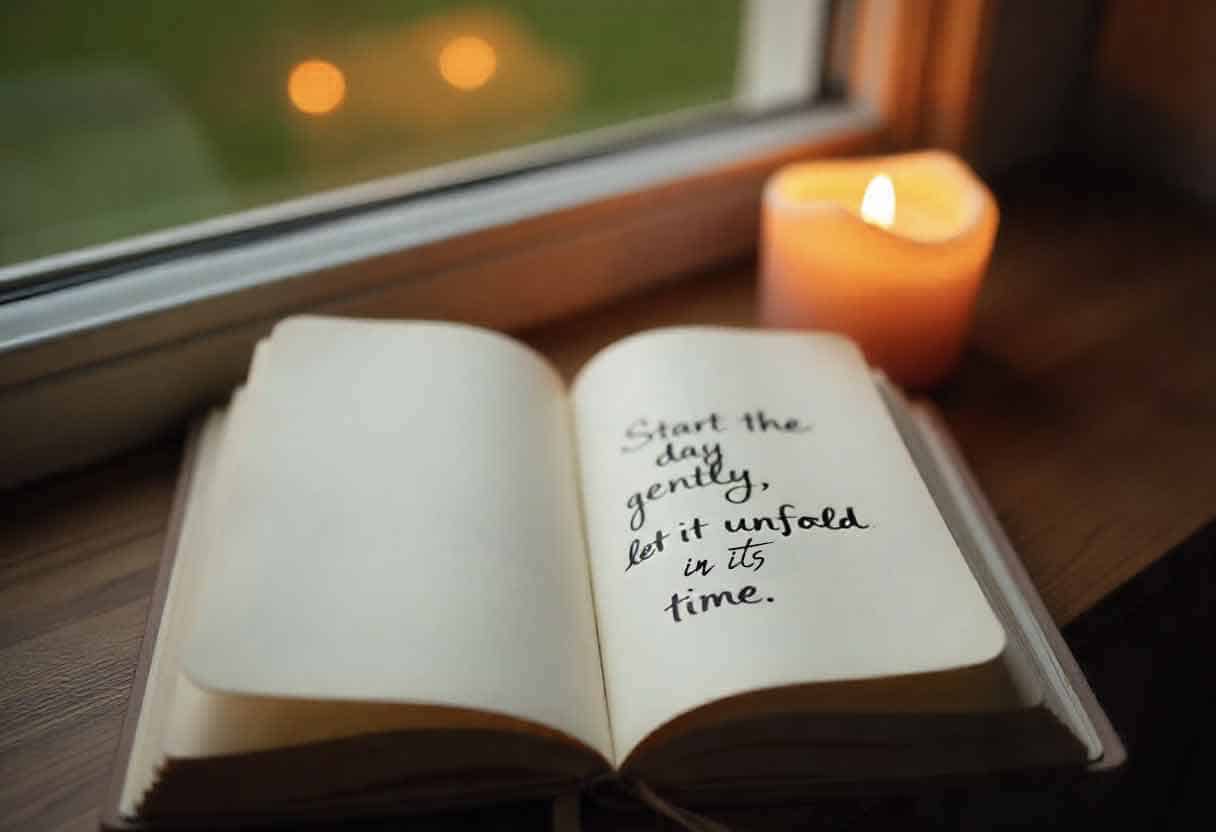 Candlelit journal by a window with morning light and a peaceful handwritten quote.