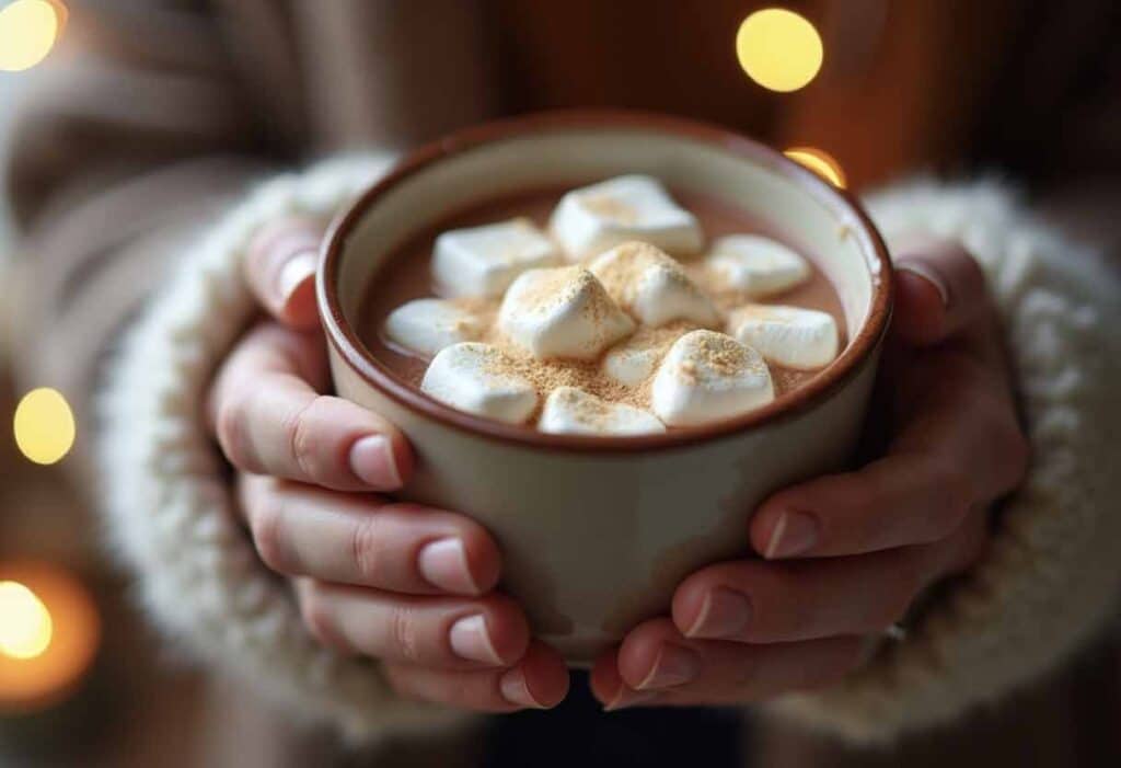 A close-up of hands holding a warm cup of vegan hot cocoa.