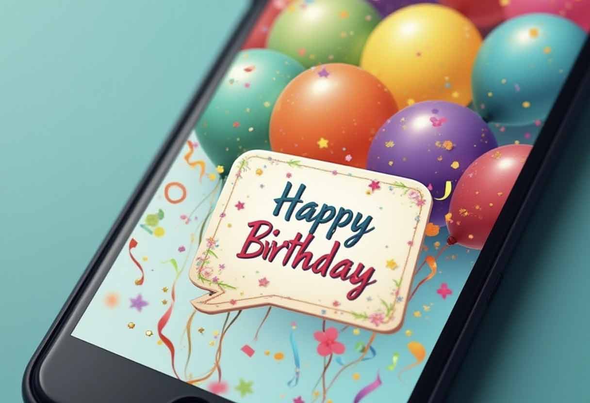 Smartphone screen showing a colorful WhatsApp birthday card with balloons and confetti.