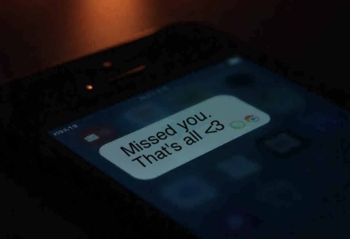 Phone lock screen glowing in the dark with a sweet message: “Missed you. That’s all
