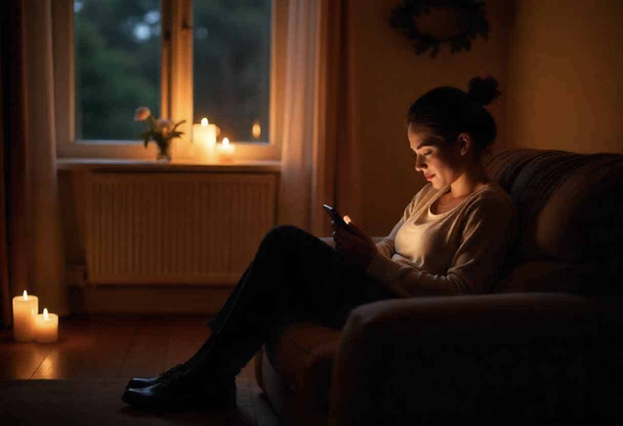 Candlelit room with a person curled up, reading on their phone.