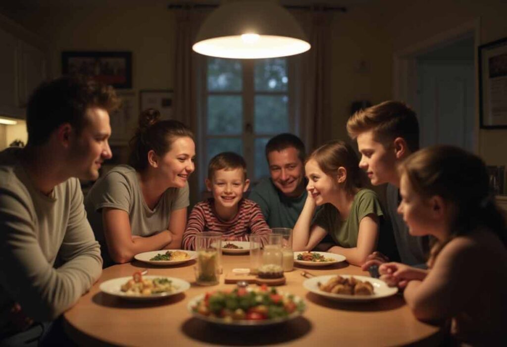 Family sitting around a kitchen table, sharing a gentle smile after reconnecting.