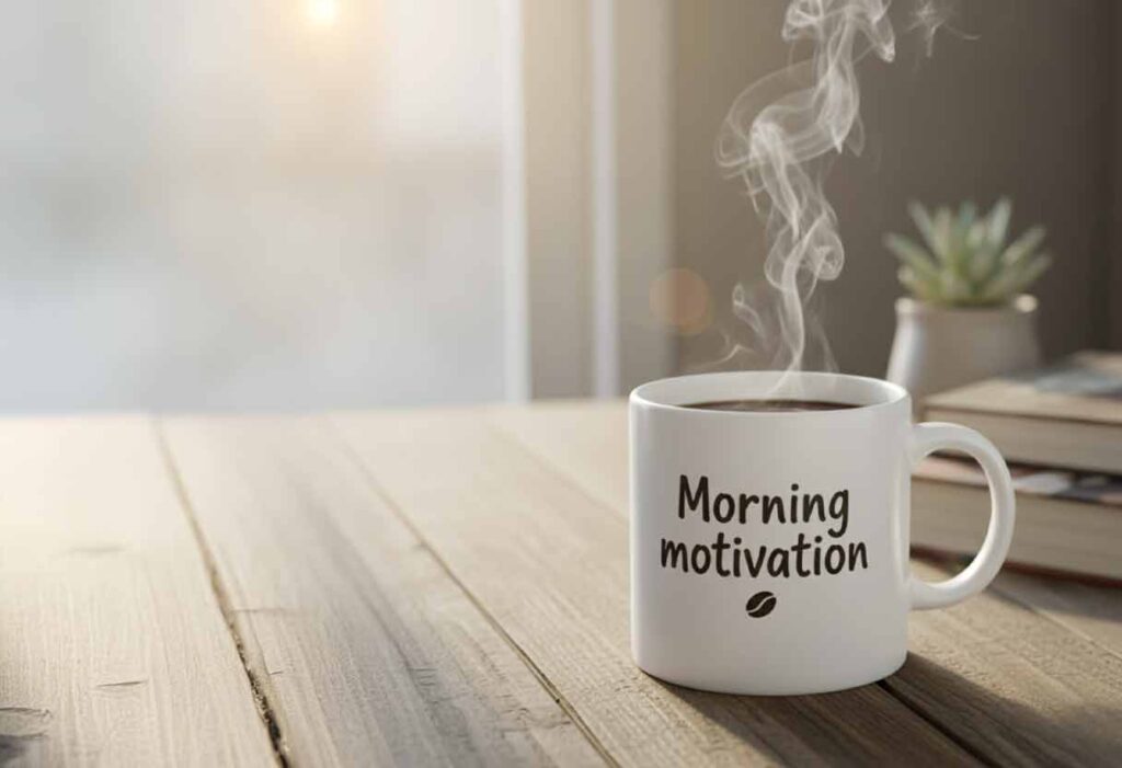 Realistic coffee cup with the words Morning motivation written on it.