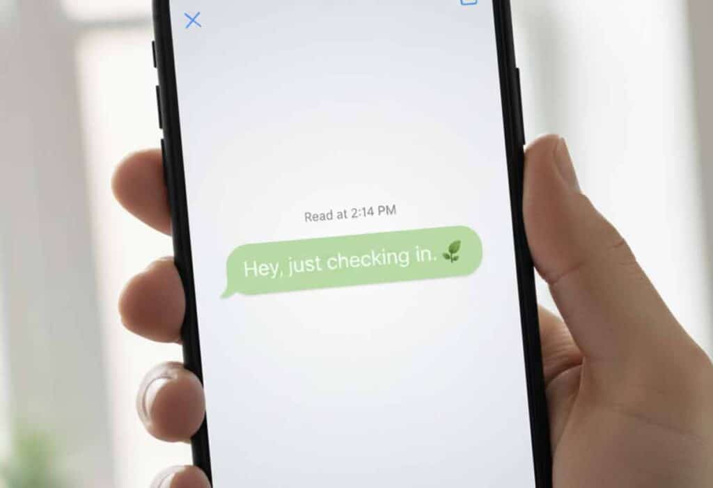 Chat screen showing a message marked ‘Read at 2:14 PM’ followed by a reply that says ‘Hey, just checking in 🌱.’