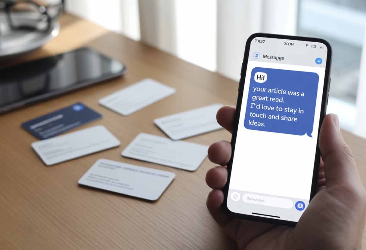 Business cards scattered on a desk beside a smartphone. The phone screen shows a draft message: “Hi! Your article was a great read. I’d love to stay in touch and share ideas.”