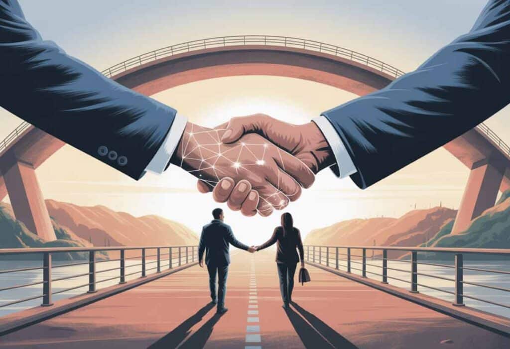 Two people shake hands at the center of a realistic bridge glowing with digital light.