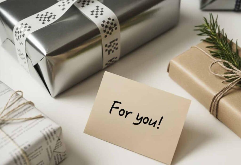 Minimalist table with wrapped gifts blending modern and traditional styles, topped with a heartfelt handwritten note.
