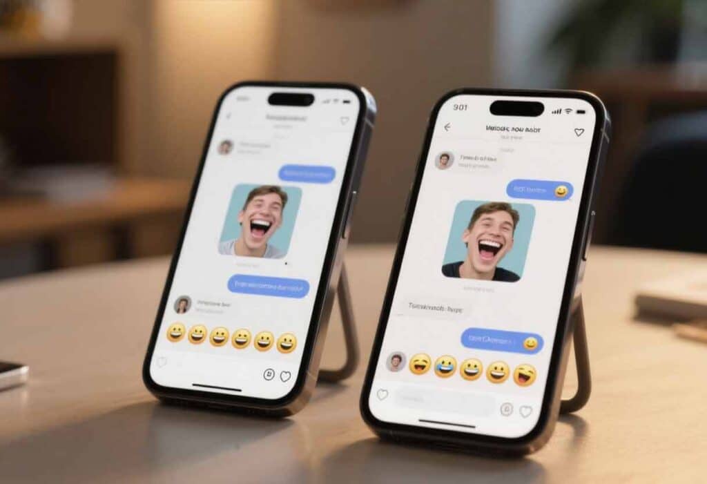 two phones with matching memes sent back and forth, laughing emojis underneath.