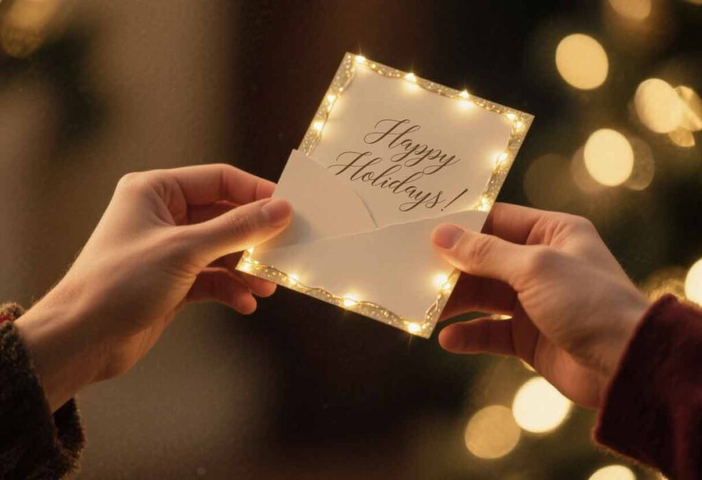 Two hands exchange a holiday card with twinkling lights and a handwritten note inside.