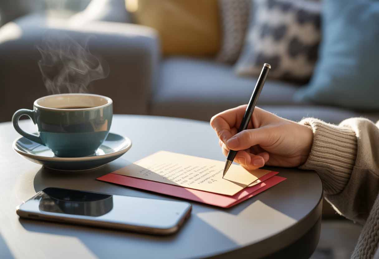 Person writing in a card beside steaming coffee and silenced phone.