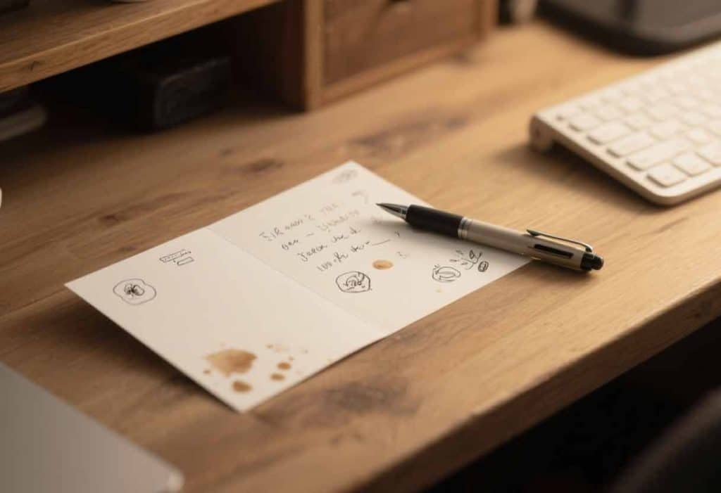Half-written card with doodles and coffee stains on a cozy desk.