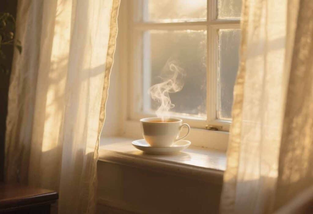 Cup of tea by a window with golden light through curtains.