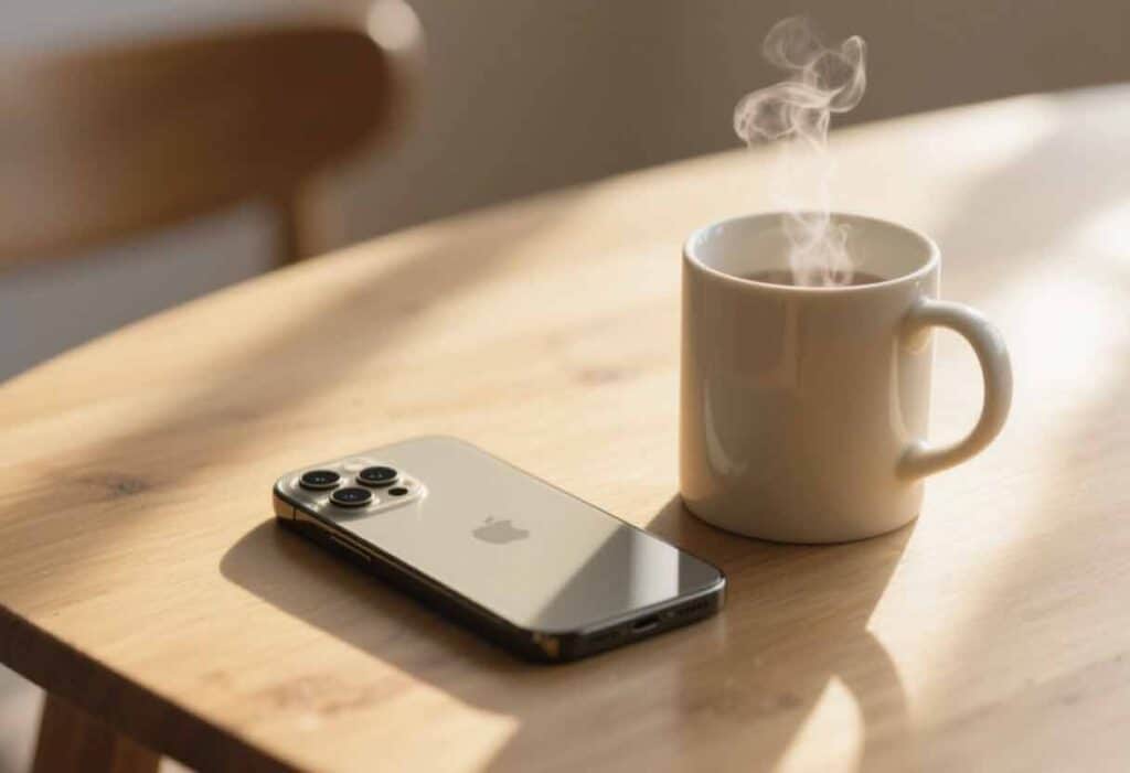 Phone face-down beside a steaming mug in warm sunlight.